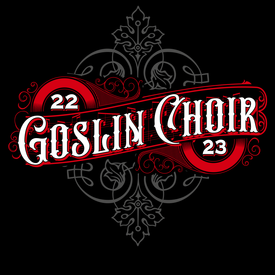 Black background with gray floral, a red music staff, red circles, 22  23, "Goslin Choir"